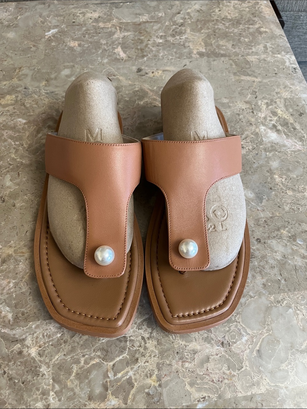 Leather Pearl-Accent Thong Sandals - Tan